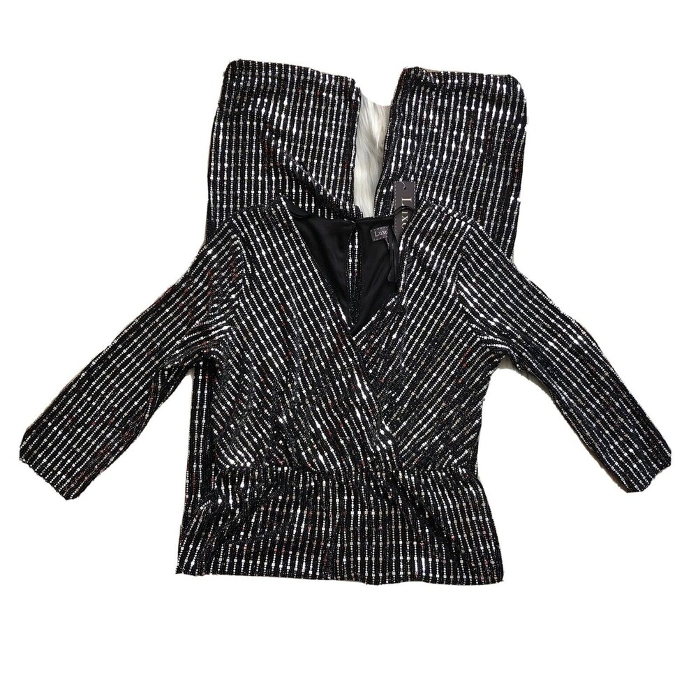 Luxology Jumpsuits women's M black/silver 3/4 sleeves V-neck Elastic Waist #